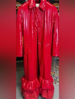 KhrisJoy Pansy Draped Trenchcoat Puffer Ruffle Shiny Fire Red One Size NWT